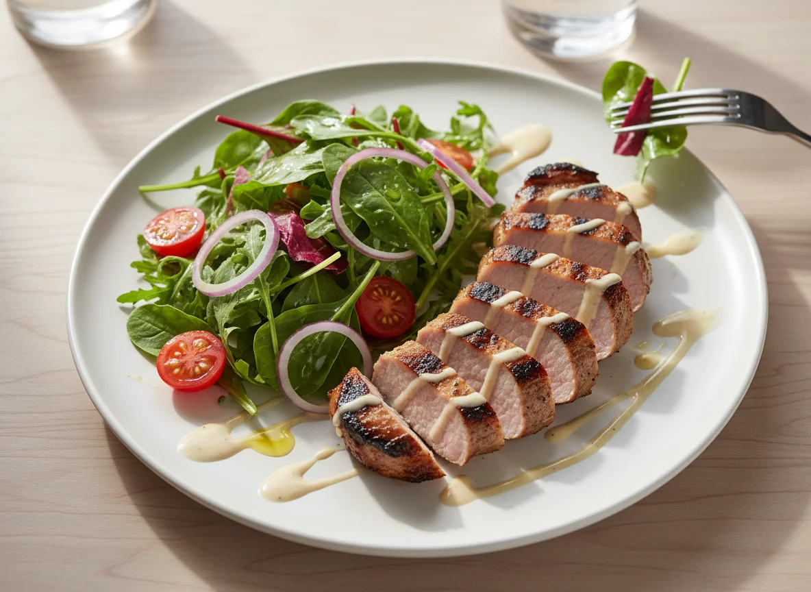 Grilled Pork with Mixed Salad and Dressing photo