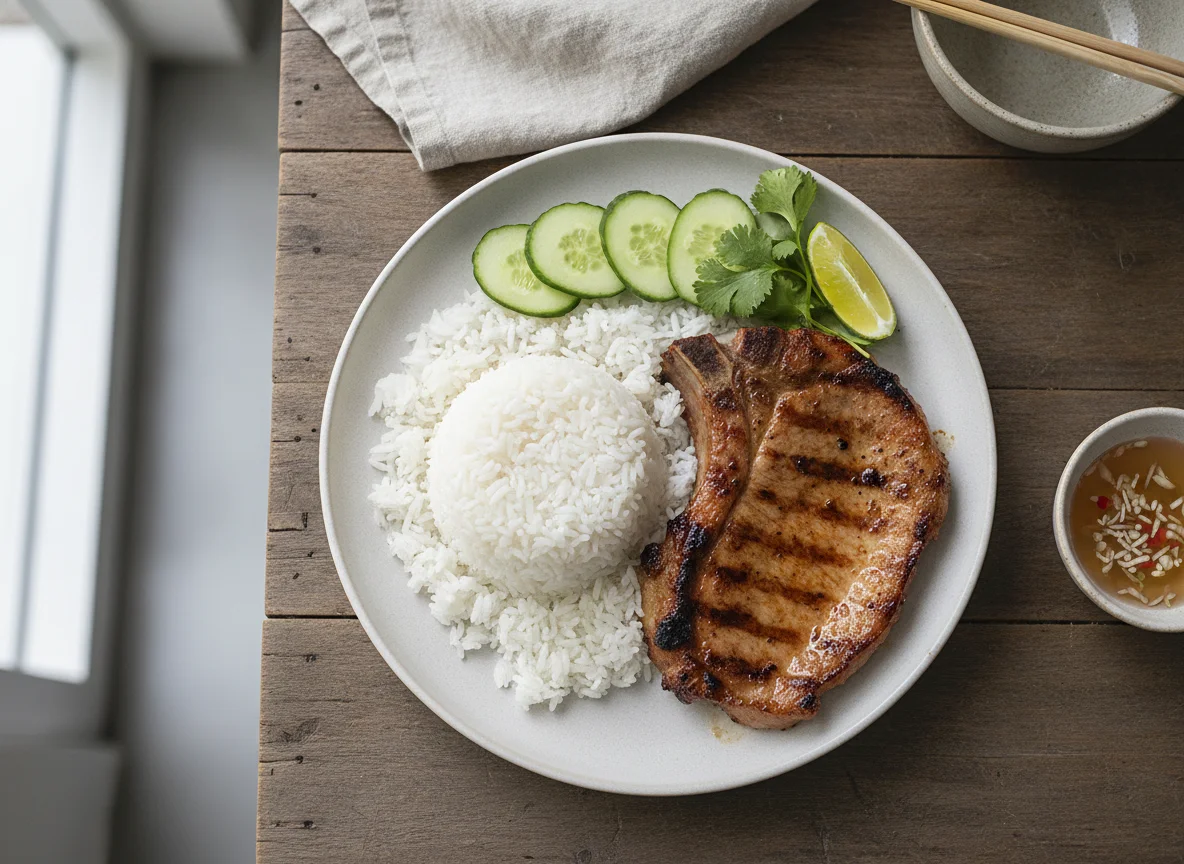 Grilled Pork with Rice and Cucumber photo