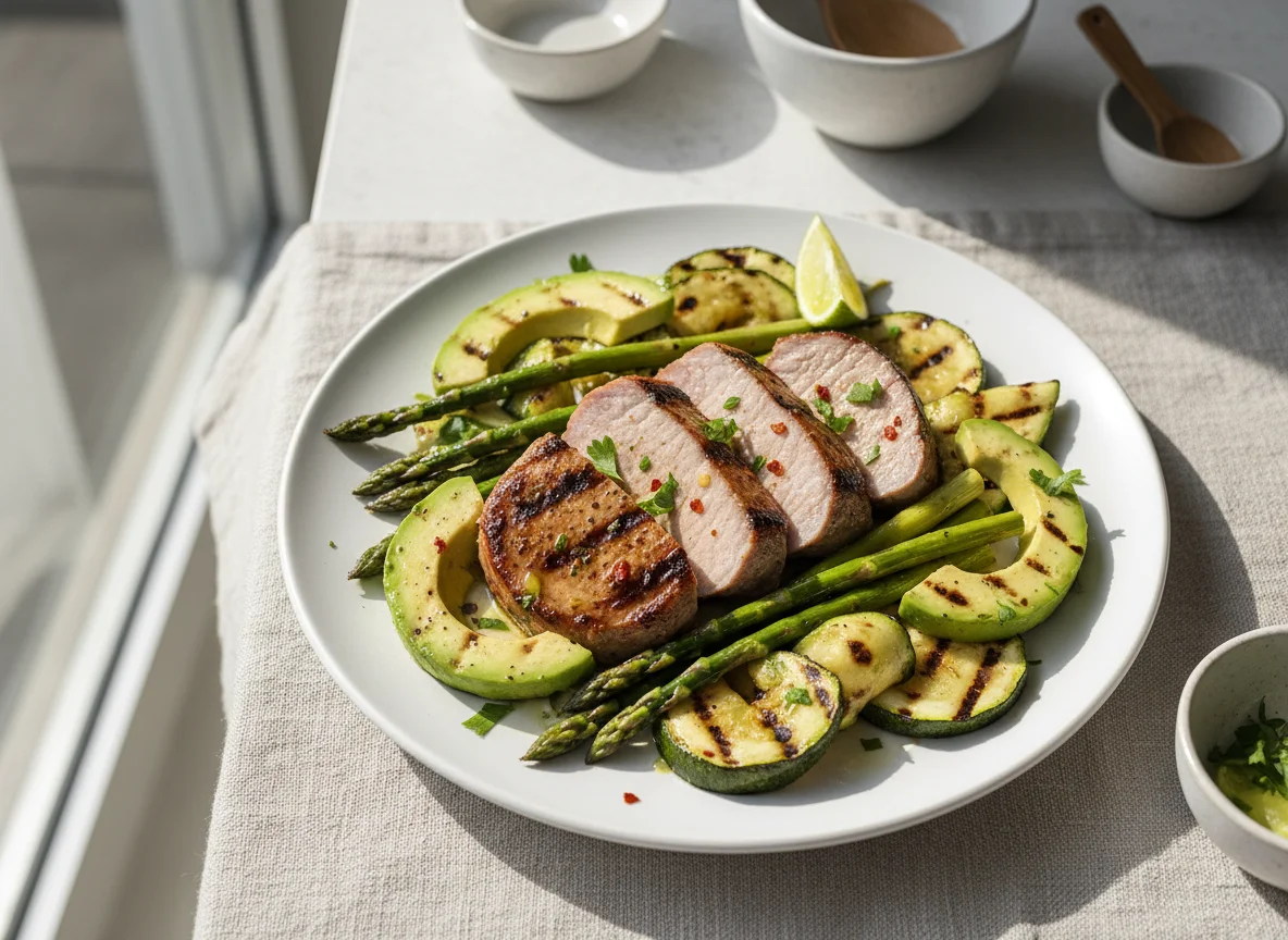 Grilled Pork with Zucchini, Asparagus, and Avocado photo