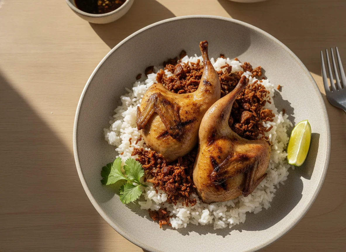 Grilled Quail with Rice and Adobo Flakes photo