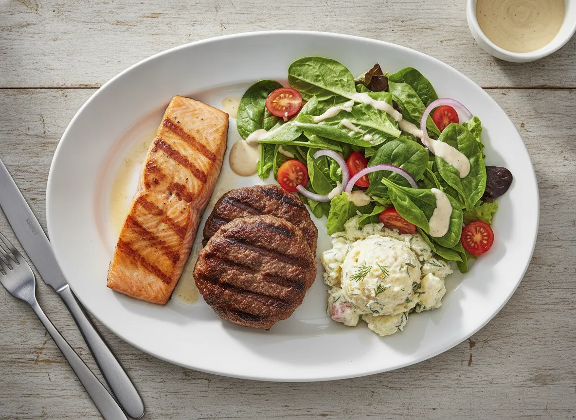Grilled Salmon and Beef Patties with Mixed Salad photo