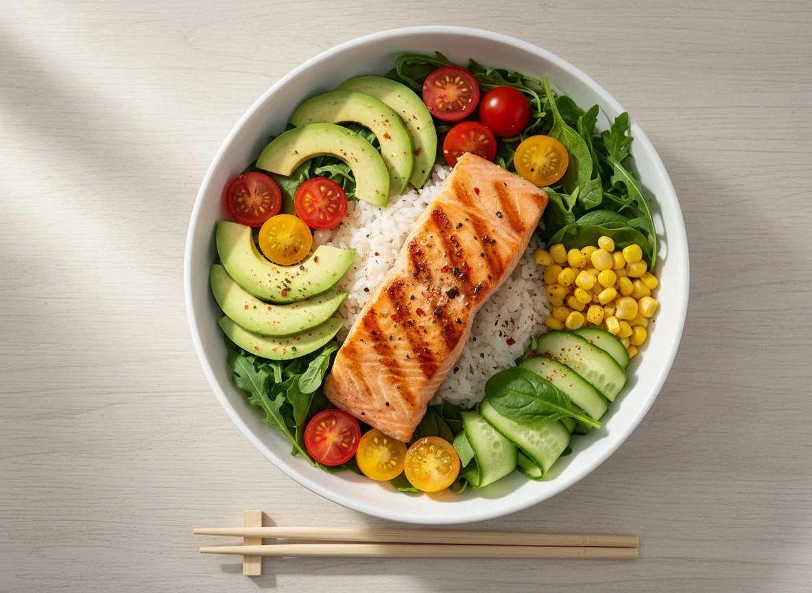 Grilled Salmon and Rice Bowl with Vegetables photo