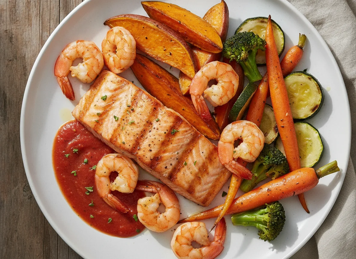 Grilled salmon and shrimp with roasted sweet potatoes and mixed vegetables photo