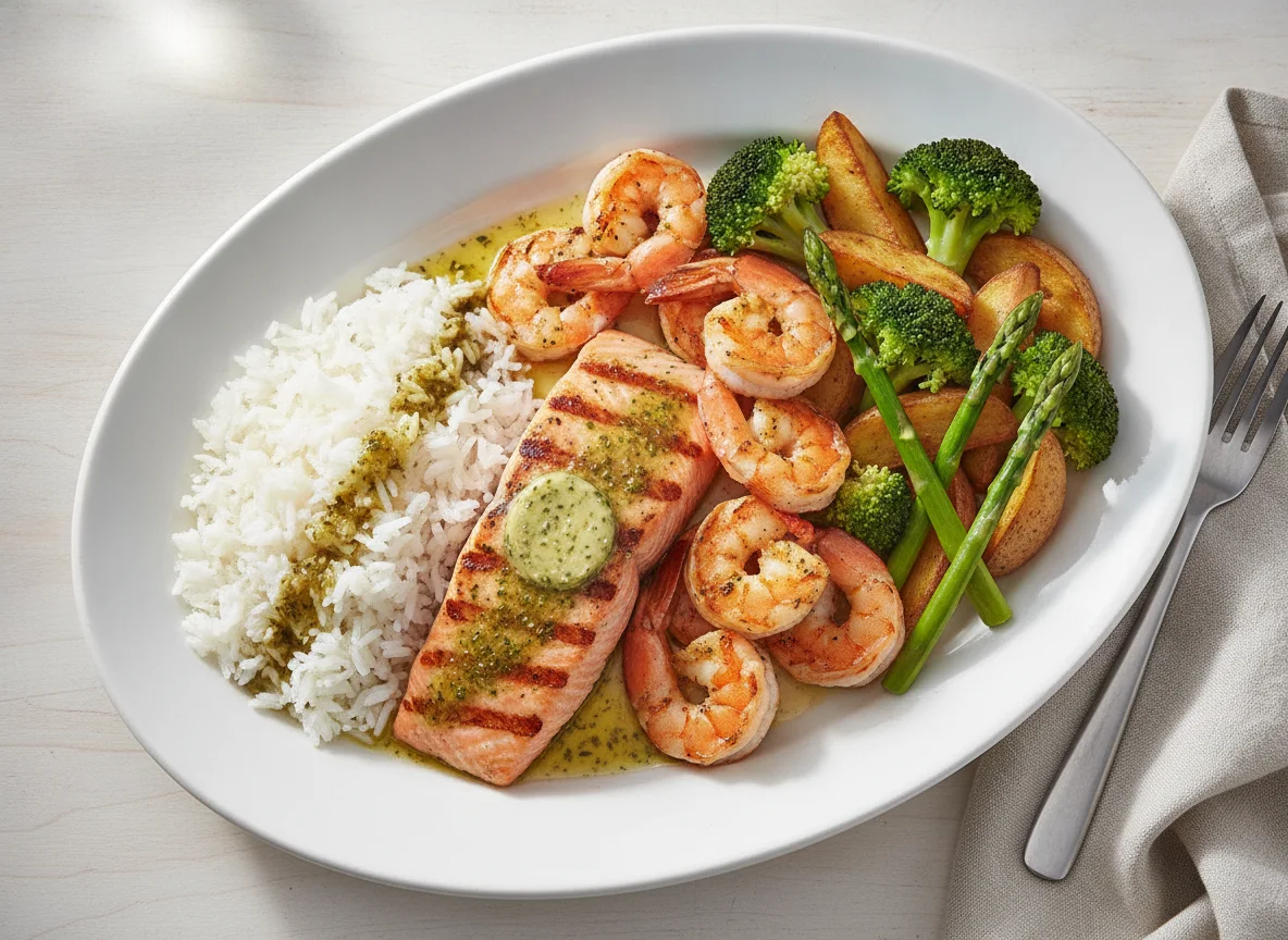 Grilled Salmon and Shrimp with White Rice and Vegetables photo