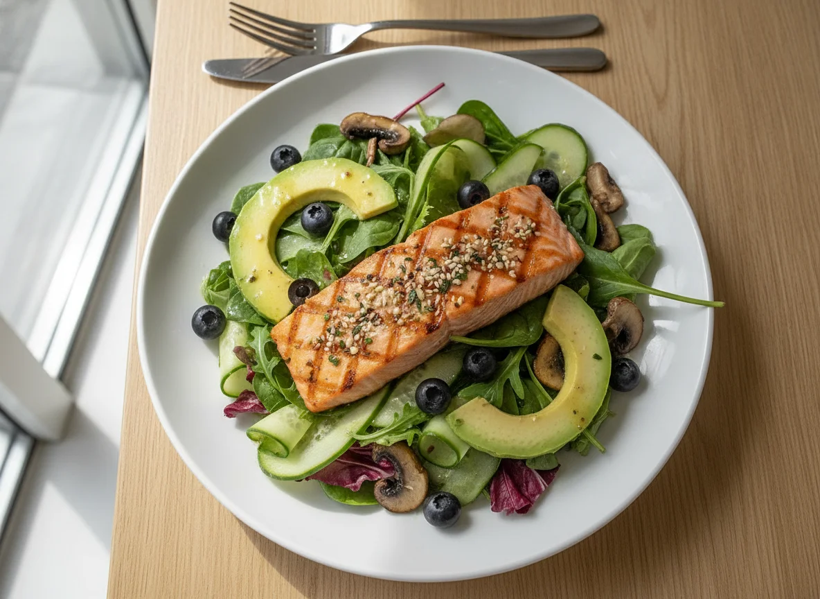 Grilled Salmon Salad with Avocado and Mixed Vegetables photo