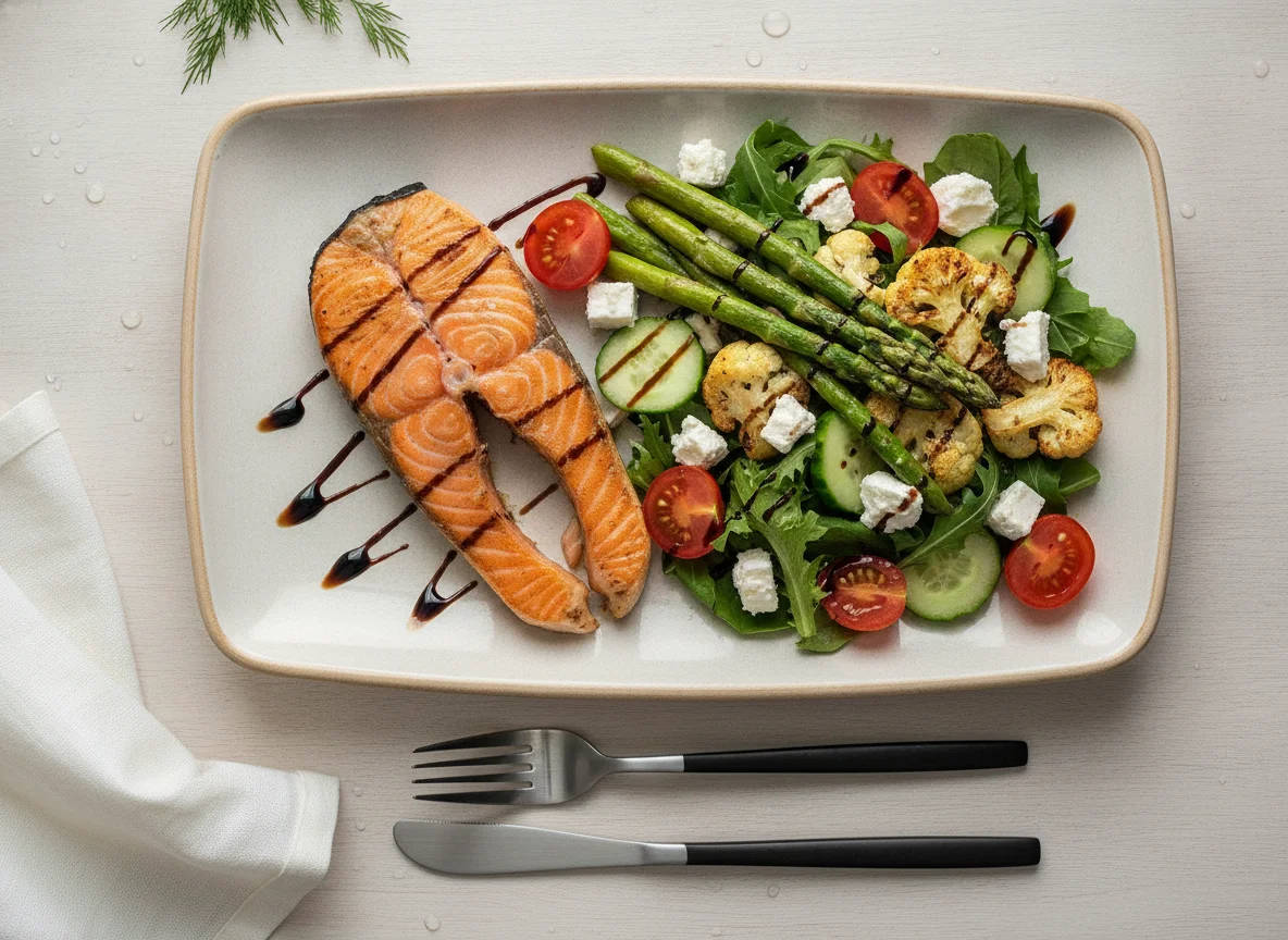 Grilled Salmon with Asparagus, Cauliflower, and Feta Salad photo