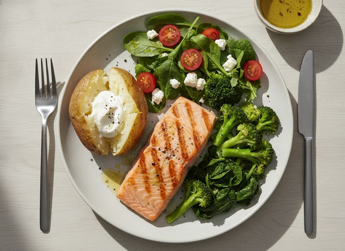 Grilled Salmon with Baked Potato and Mixed Vegetables photo