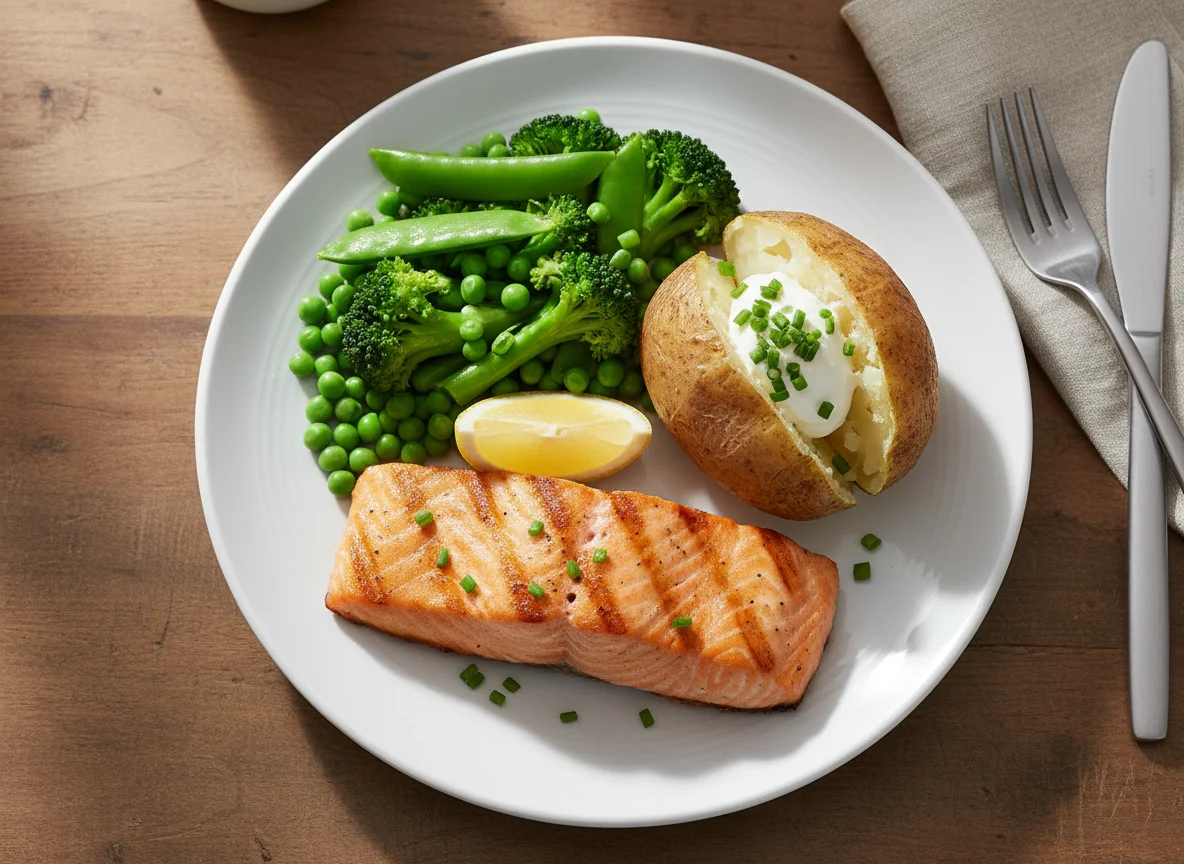 Grilled Salmon with Baked Potato and Vegetables photo