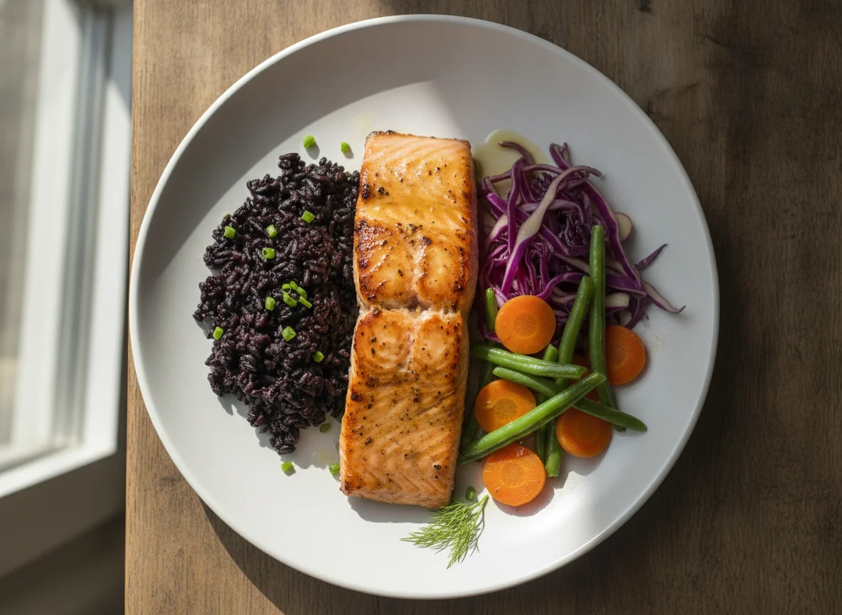 Grilled Salmon with Black Rice and Steamed Vegetables photo