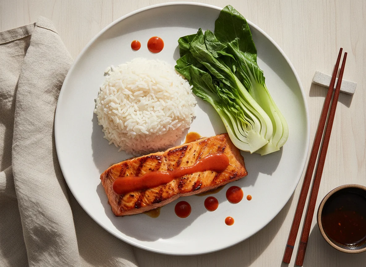 Grilled Salmon with Bok Choy and White Rice photo