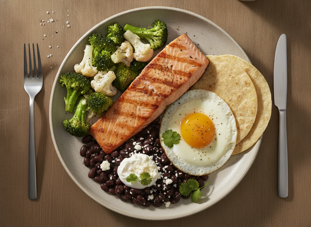 Grilled Salmon with Broccoli, Cauliflower, Beans, and Tortillas photo