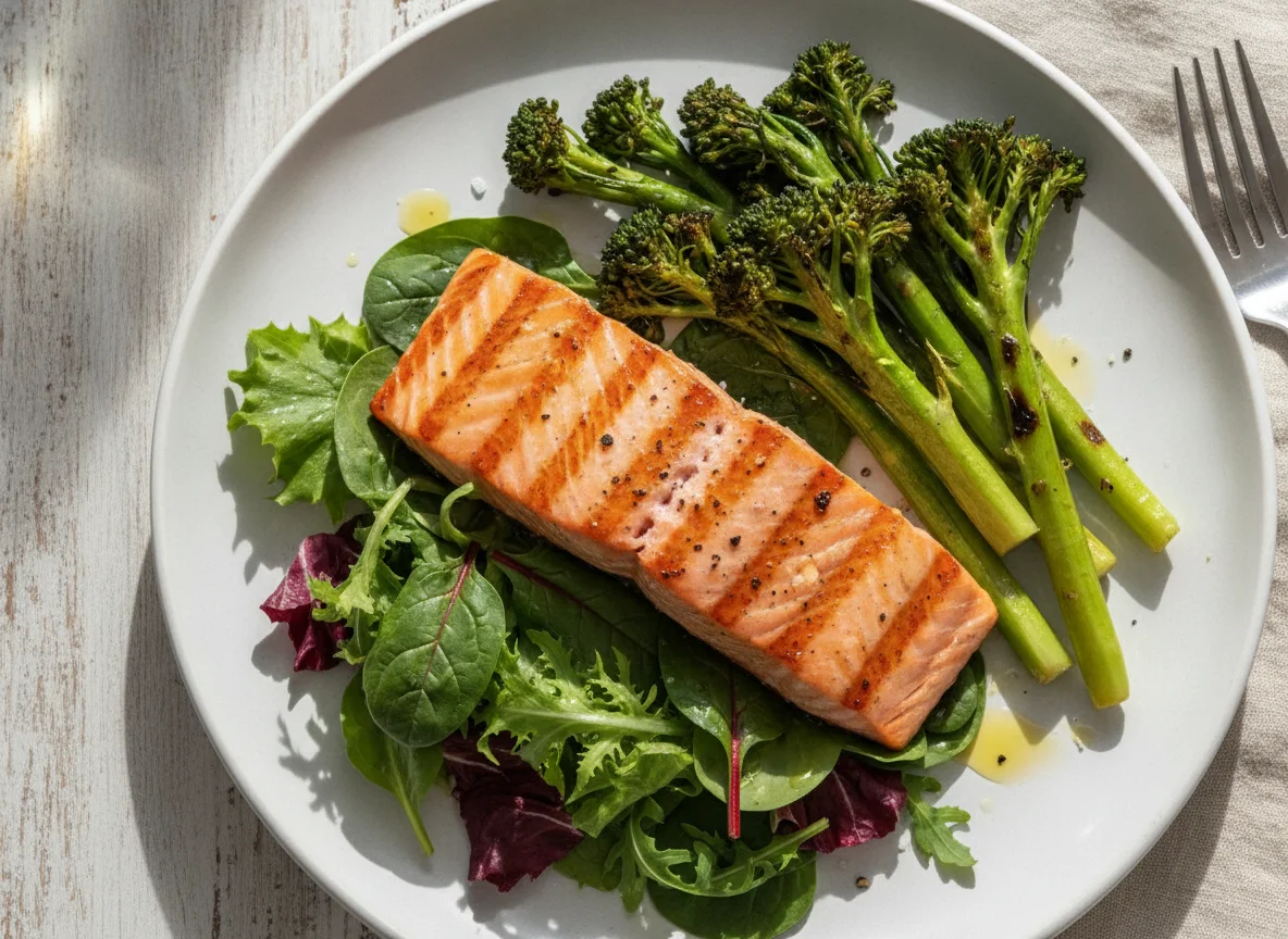 Grilled Salmon with Broccolini and Mixed Greens photo