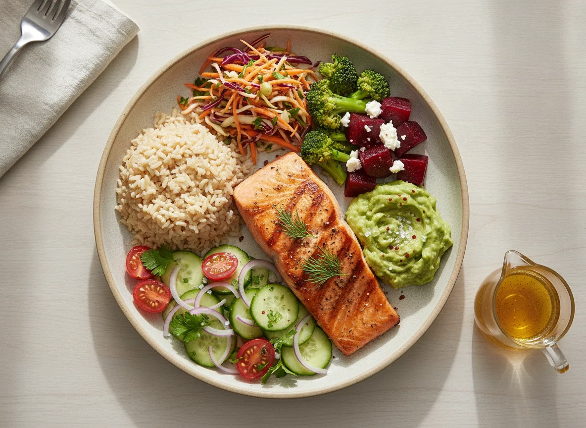 Grilled Salmon with Brown Rice, Avocado, and Mixed Vegetable Salads photo