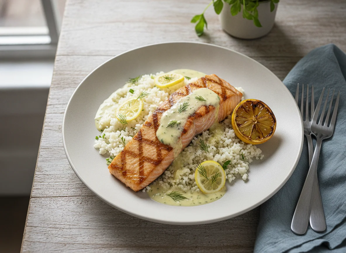Grilled Salmon with Cauliflower Rice and Sauce photo
