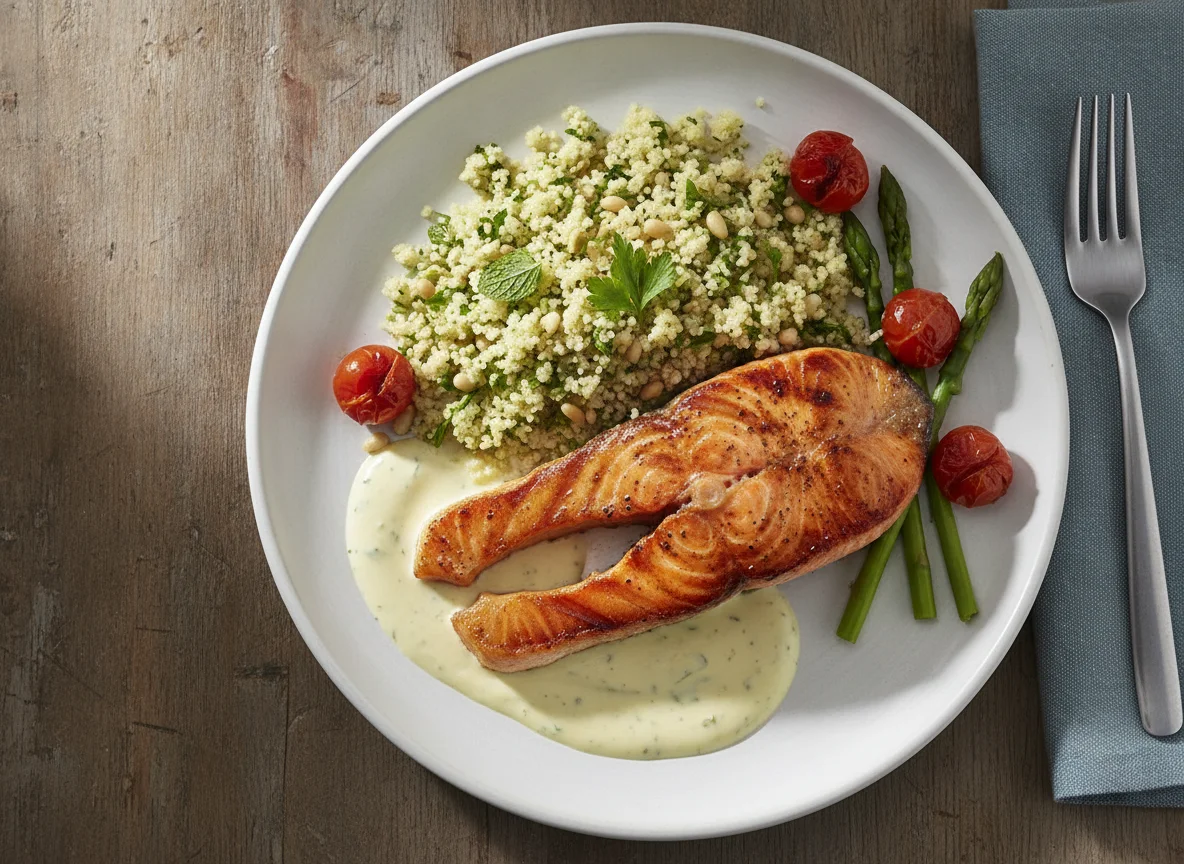 Grilled Salmon with Couscous and Cream Sauce photo
