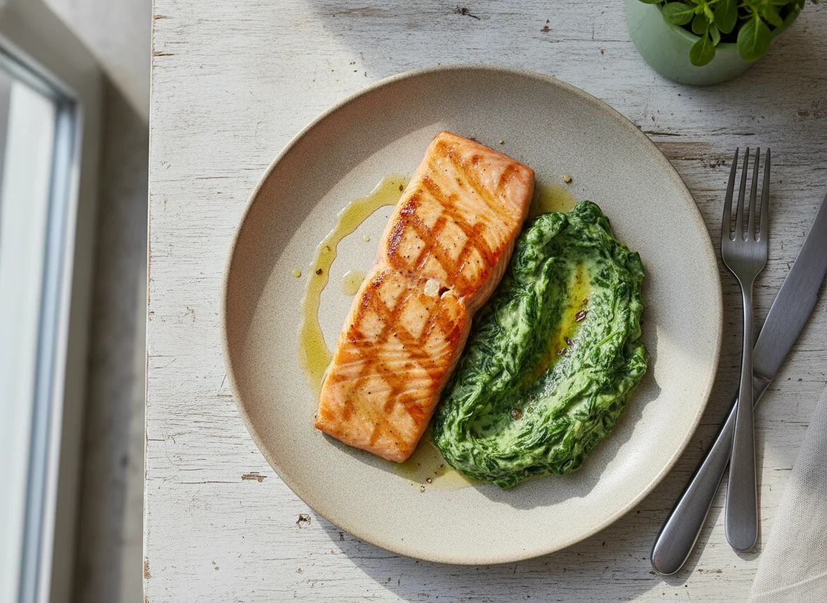Grilled Salmon with Creamed Spinach photo