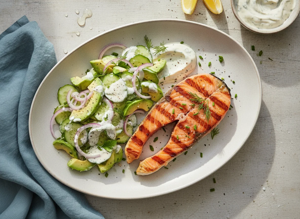 Grilled Salmon with Cucumber and Avocado Salad photo