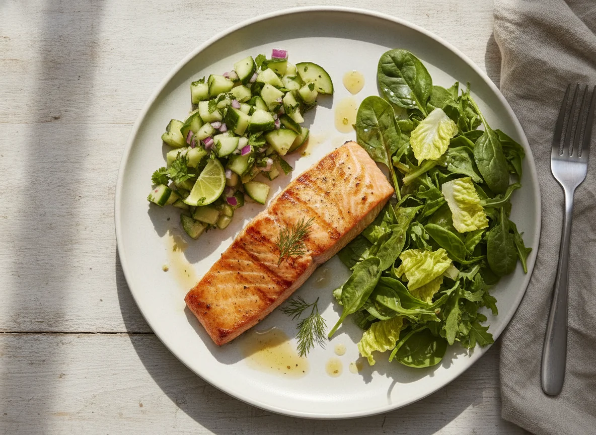 Grilled Salmon with Cucumber Salsa and Green Salad photo