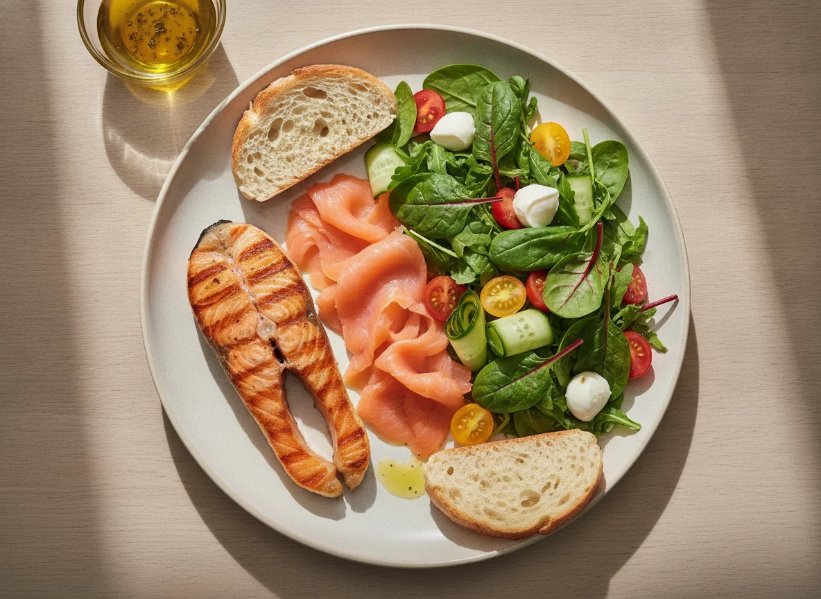 Grilled salmon with fresh salad and smoked salmon photo