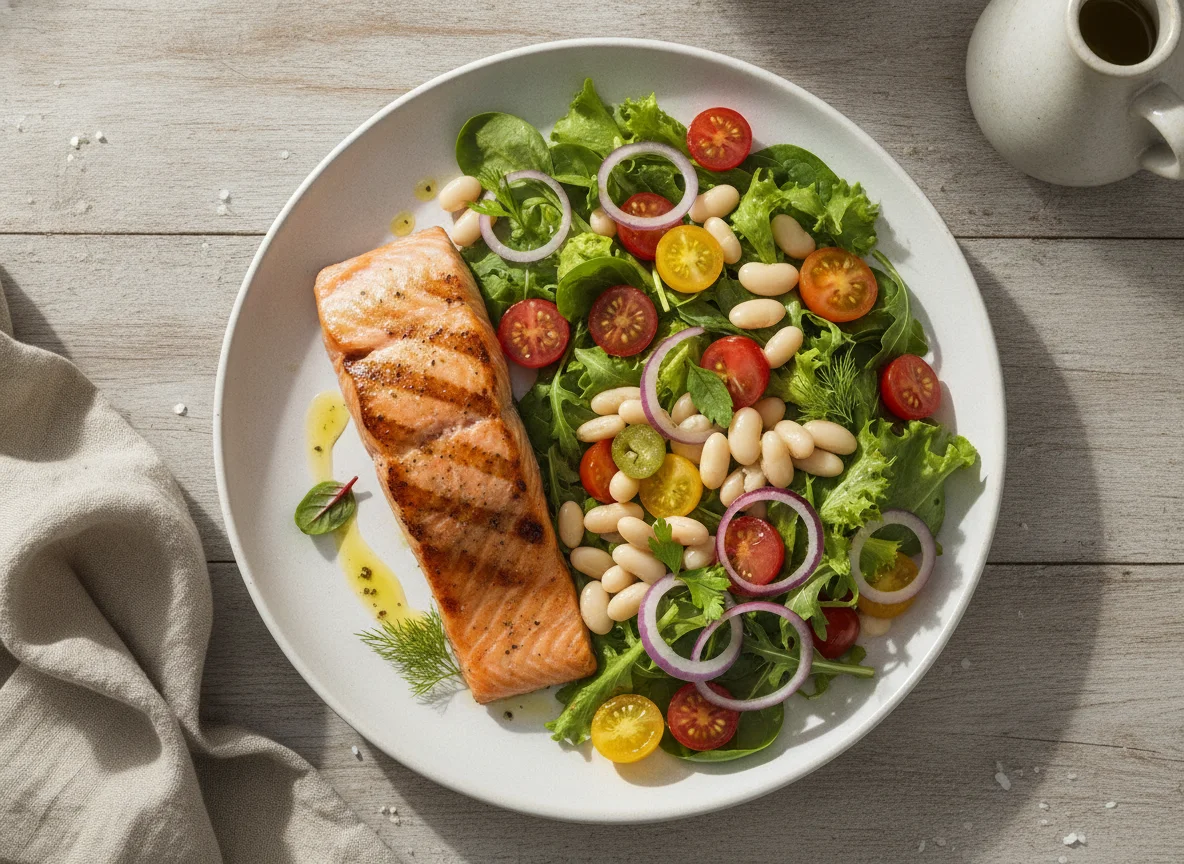 Grilled salmon with fresh vegetable salad photo