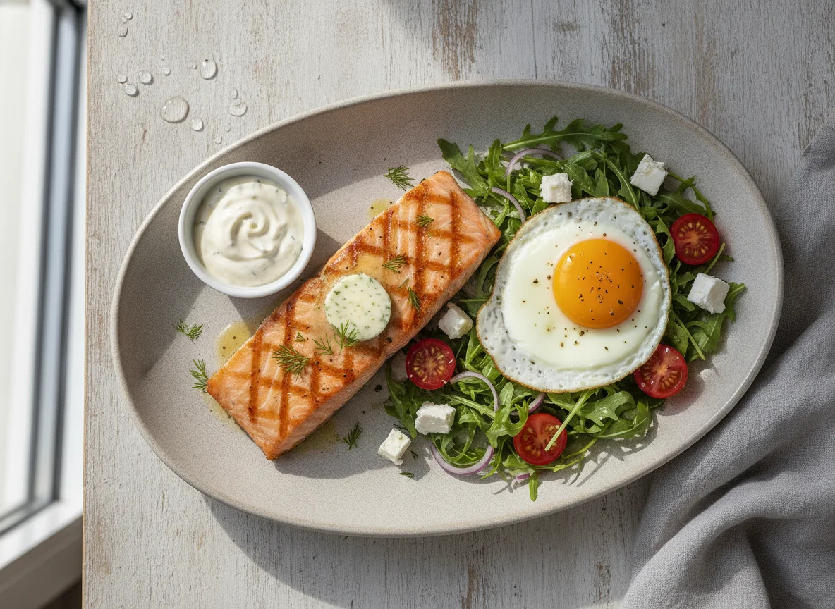 Grilled Salmon with Fried Egg, Salad, and Tartar Sauce photo