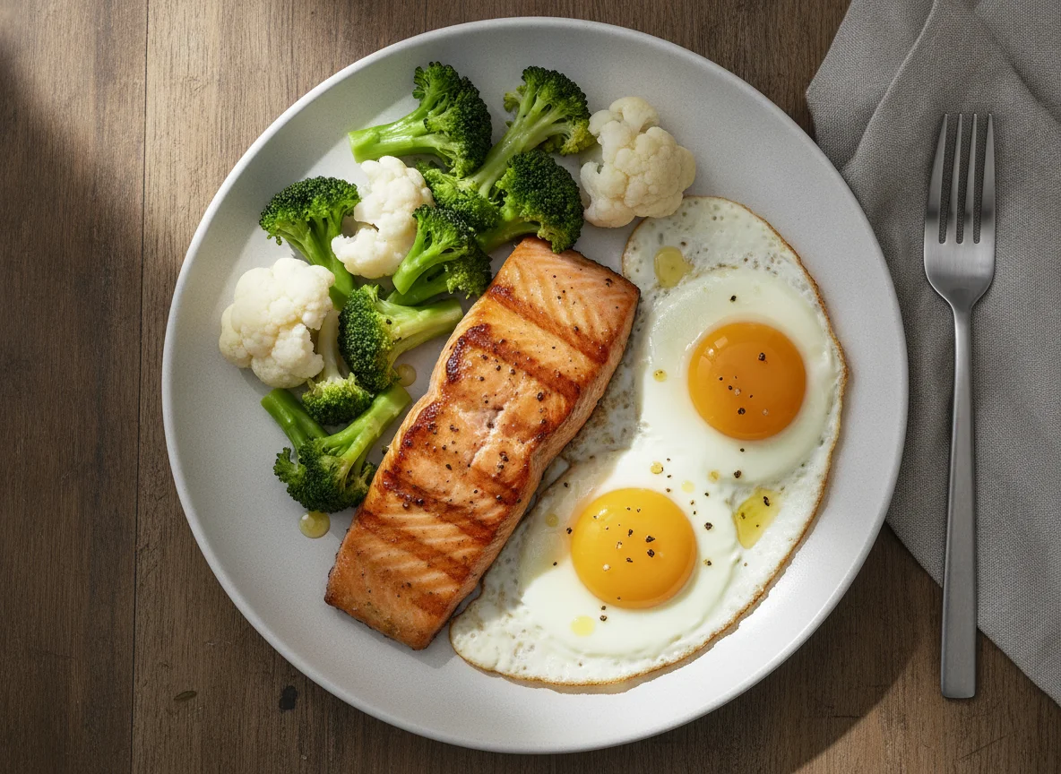 Grilled Salmon with Fried Eggs and Steamed Vegetables photo