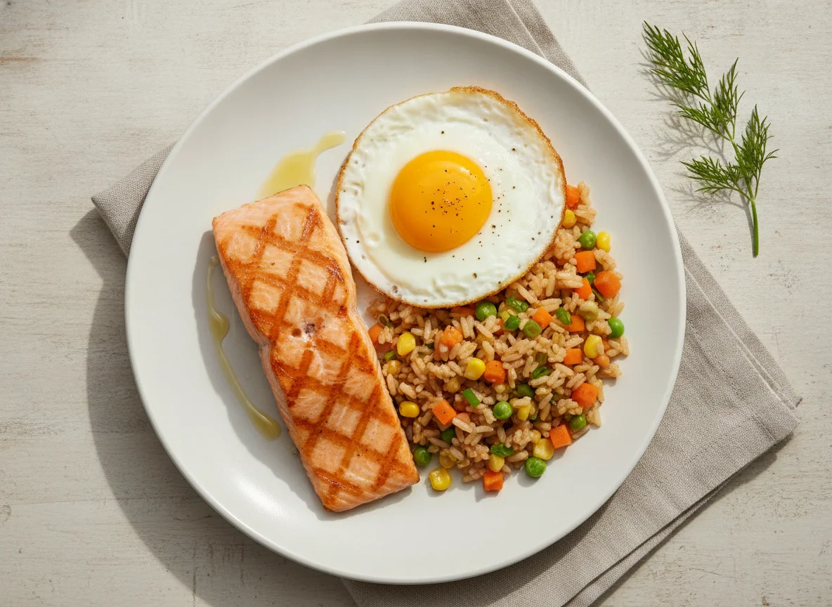 Grilled Salmon with Fried Rice and Egg photo