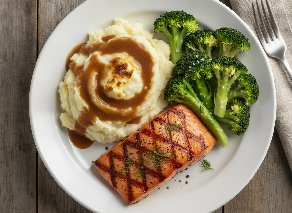 Grilled Salmon with Mashed Potatoes and Broccoli photo