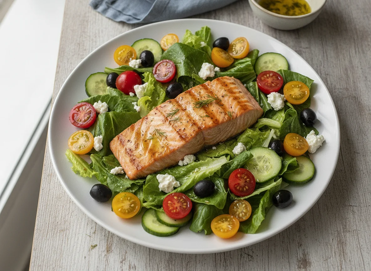 Grilled Salmon with Mediterranean Salad photo