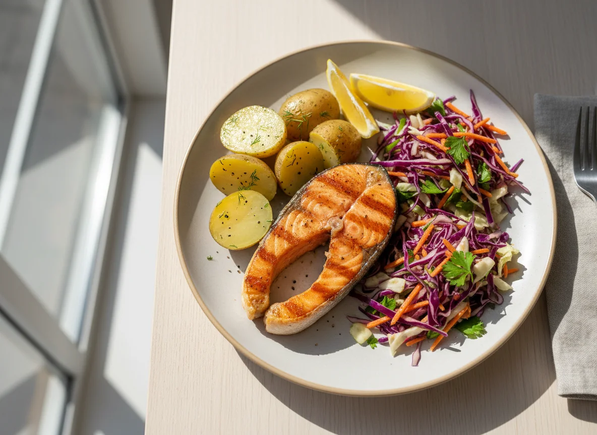 Grilled Salmon with Potatoes and Cabbage Salad photo
