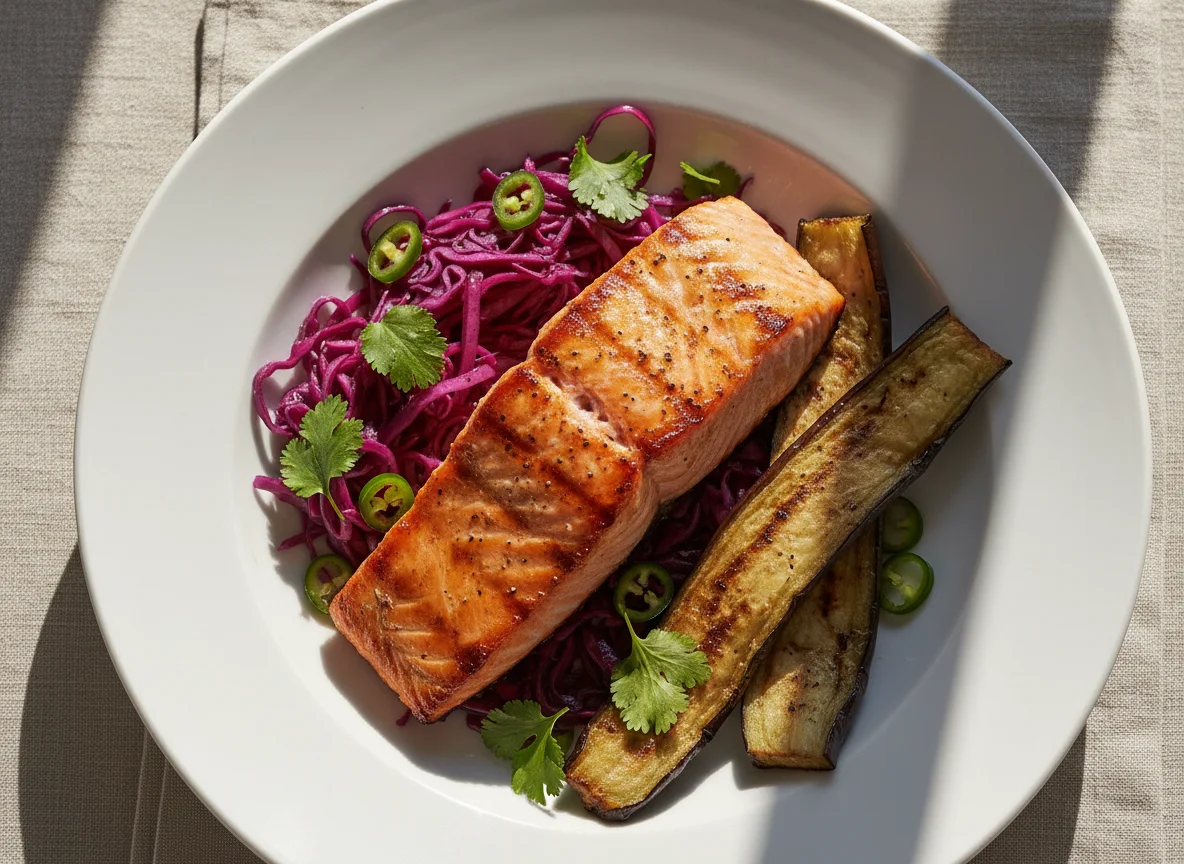 Grilled Salmon with Red Cabbage and Chili photo
