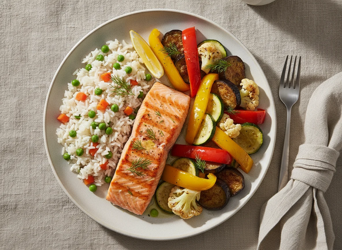 Grilled Salmon with Rice and Roasted Vegetables photo