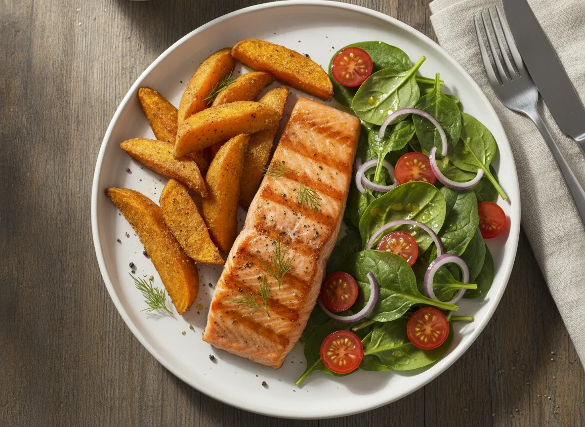 Grilled salmon with roasted sweet potatoes and fresh salad photo
