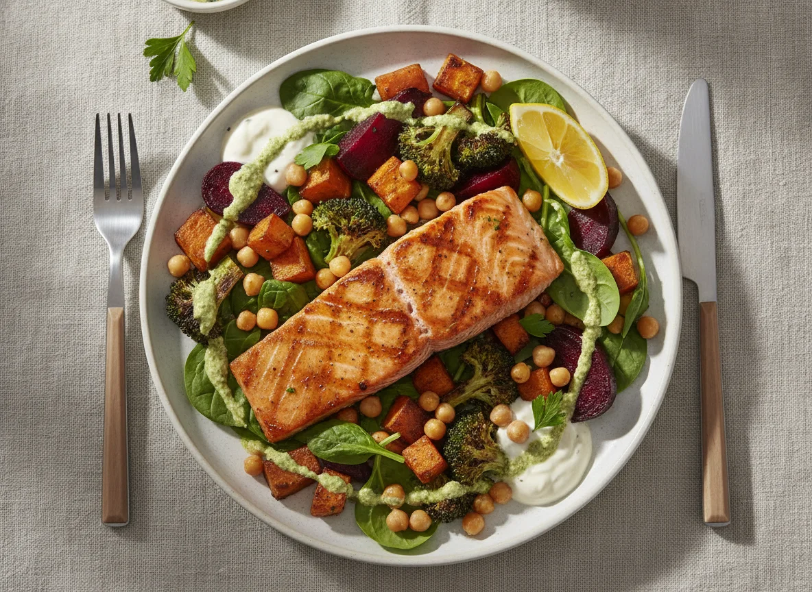 Grilled Salmon with Roasted Vegetable Salad photo