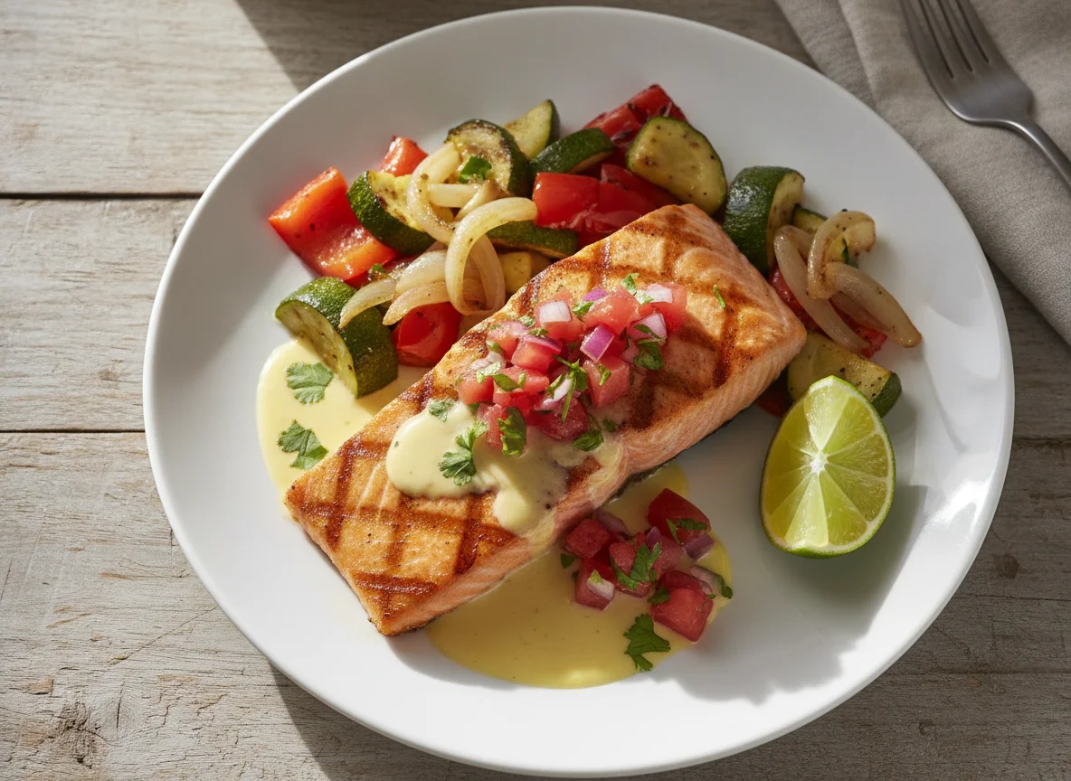 Grilled Salmon with Roasted Vegetables and Butter Sauce photo