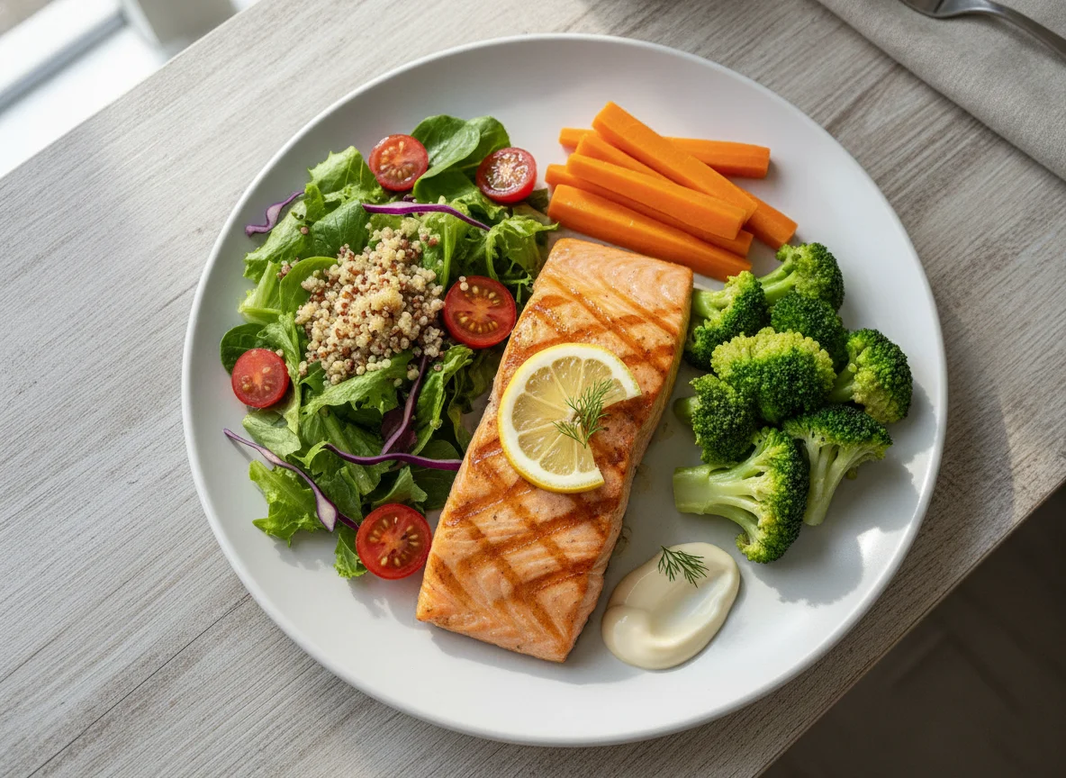 Grilled Salmon with Salad and Steamed Vegetables photo