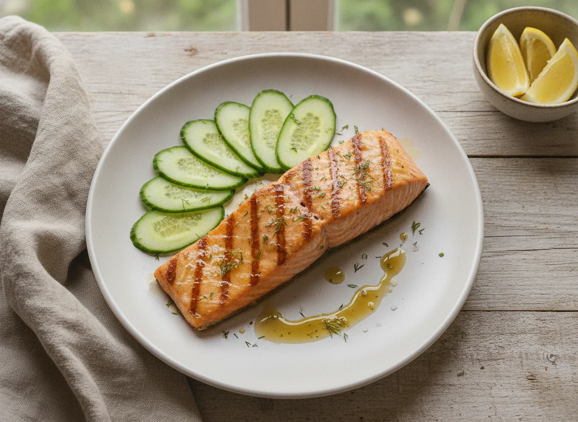 Grilled Salmon with Sliced Cucumber photo