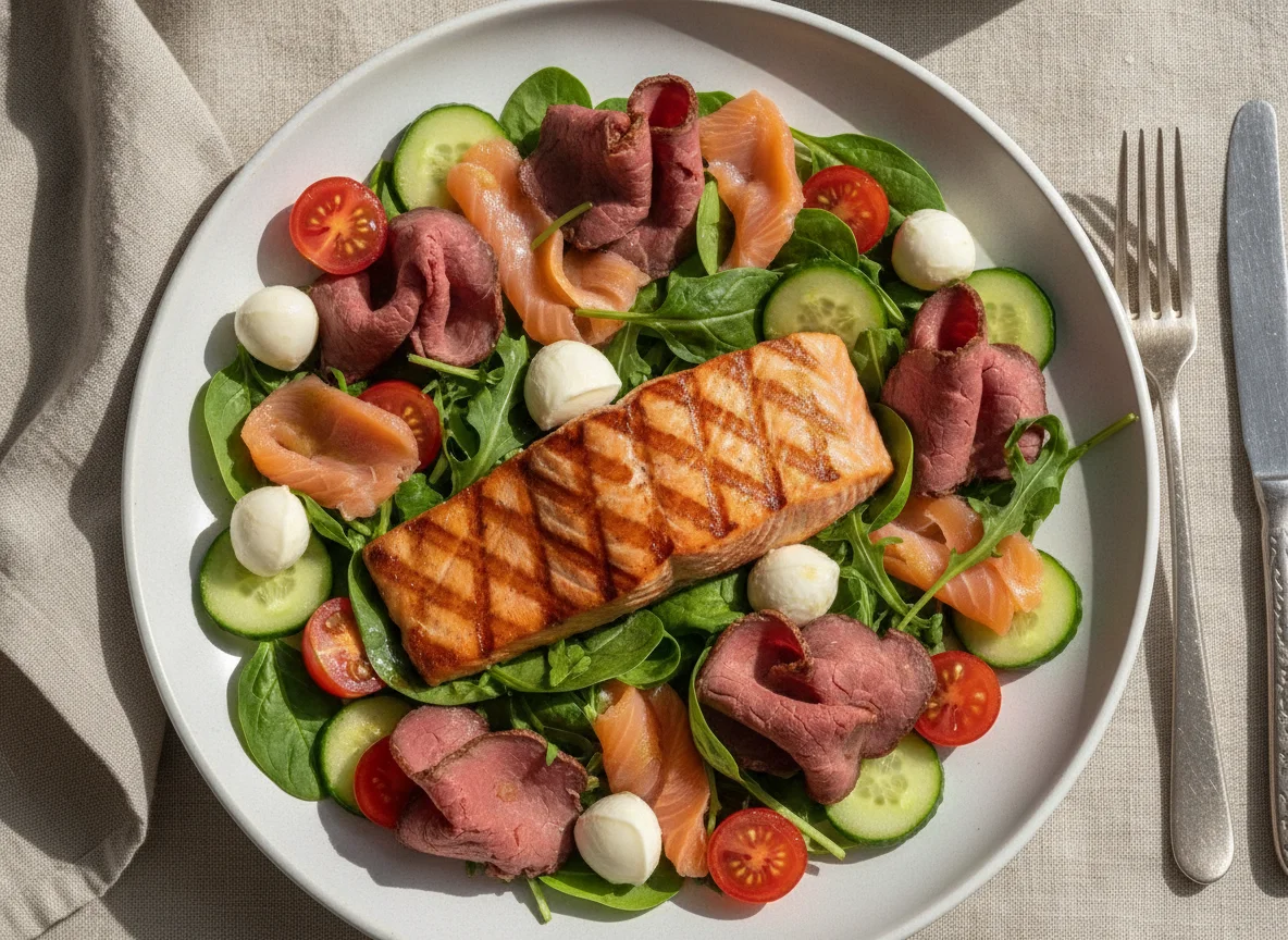Grilled salmon with smoked meats and fresh salad photo