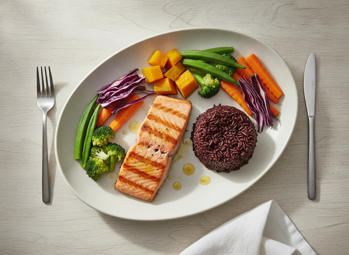 Grilled Salmon with Steamed Vegetables and Black Rice photo