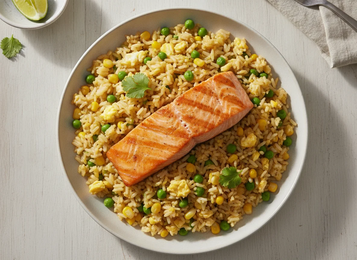 Grilled Salmon with Vegetable Fried Rice photo