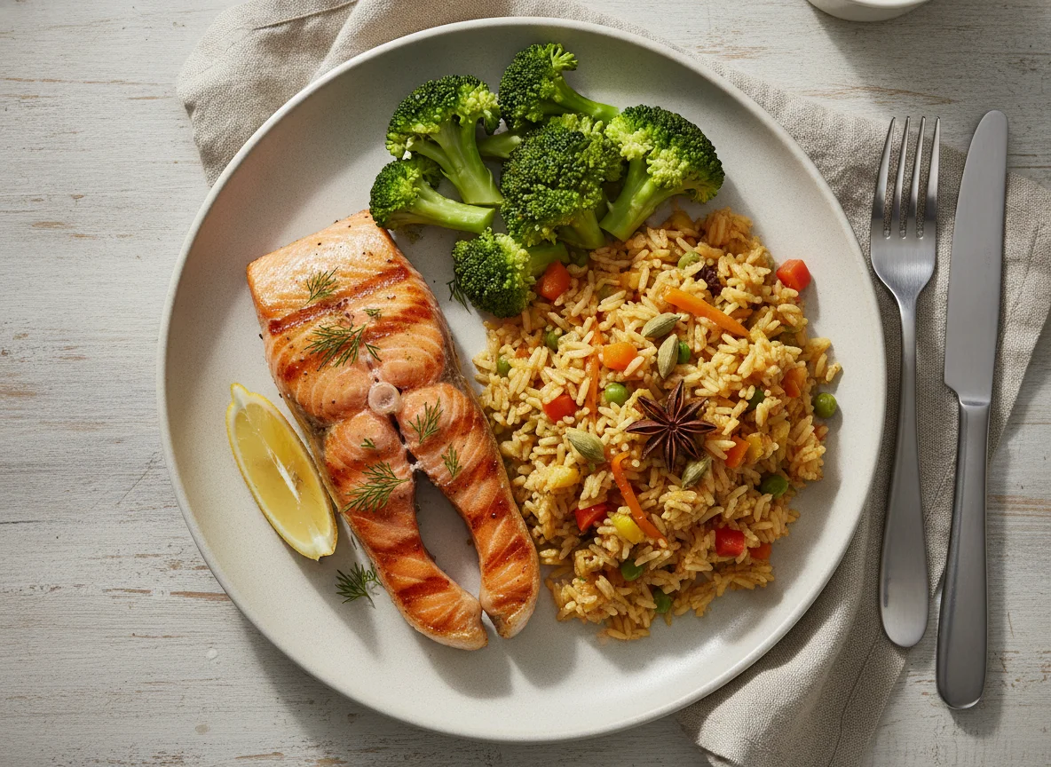 Grilled Salmon with Vegetable Pilau Rice and Broccoli photo