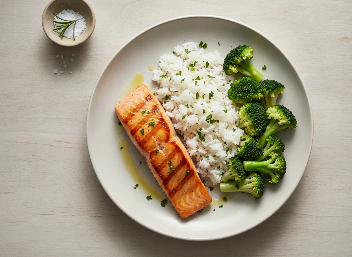 Grilled salmon with white rice and steamed broccoli photo
