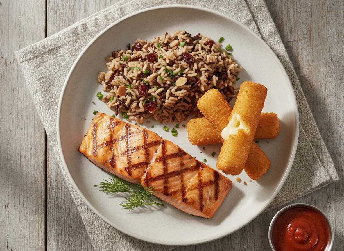 Grilled Salmon with Wild Rice and Mozzarella Sticks photo