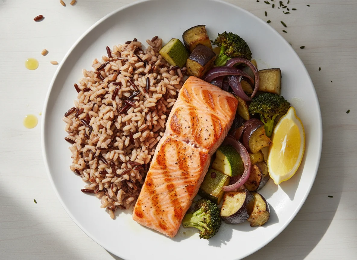 Grilled salmon with wild rice and roasted vegetables photo