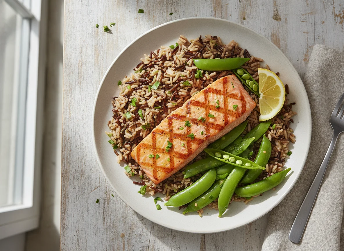 Grilled Salmon with Wild Rice and Snap Peas photo