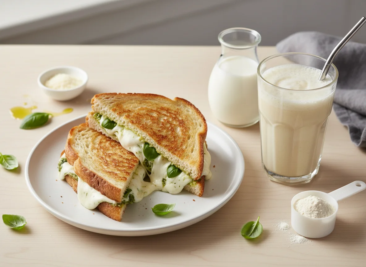 Grilled Sandwich and Vanilla Protein Shake photo