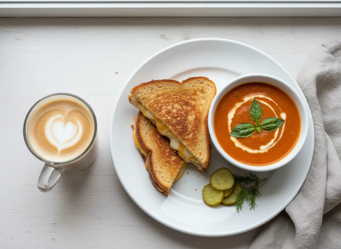 Grilled Sandwich with Tomato Soup and Latte photo