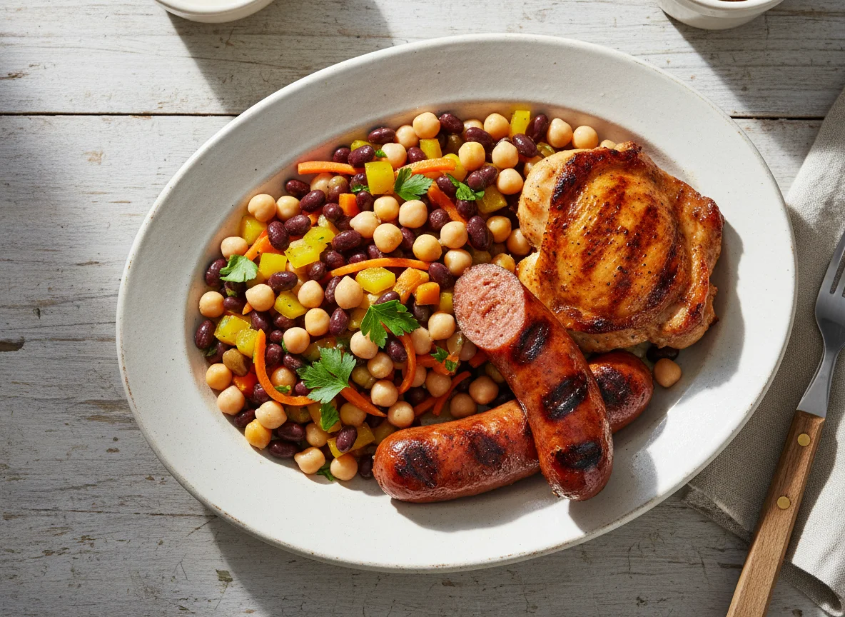Grilled Sausage and Chicken with Bean and Chickpea Salad photo