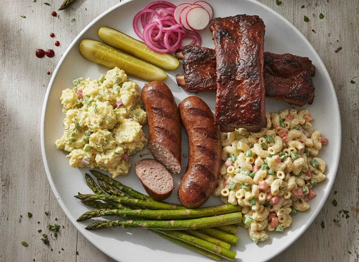 Grilled Sausage and Ribs with Mixed Salads photo