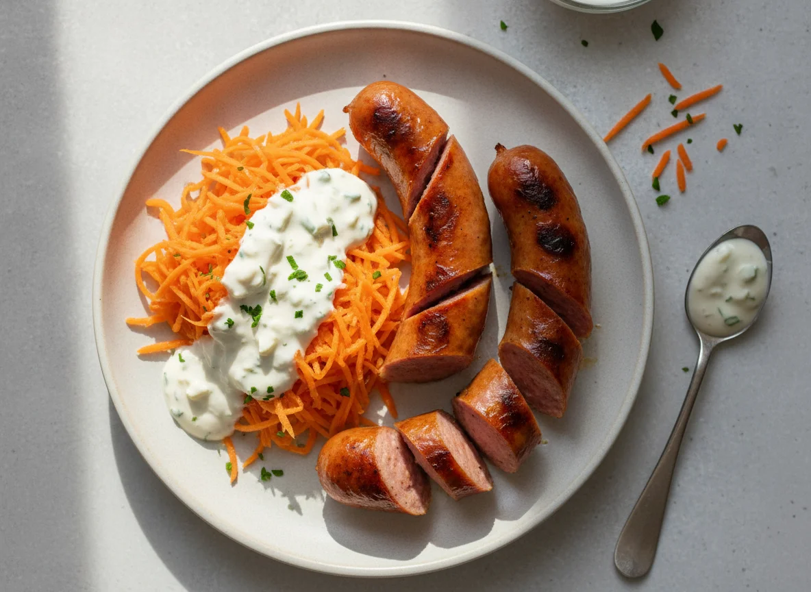 Grilled Sausage with Grated Carrots and Sauce photo